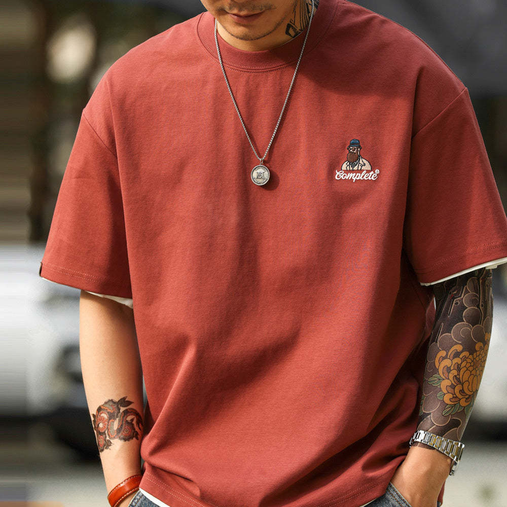 美式休閒趣味刺繡短袖T恤男210g雙面棉安可拉紅色打底衫