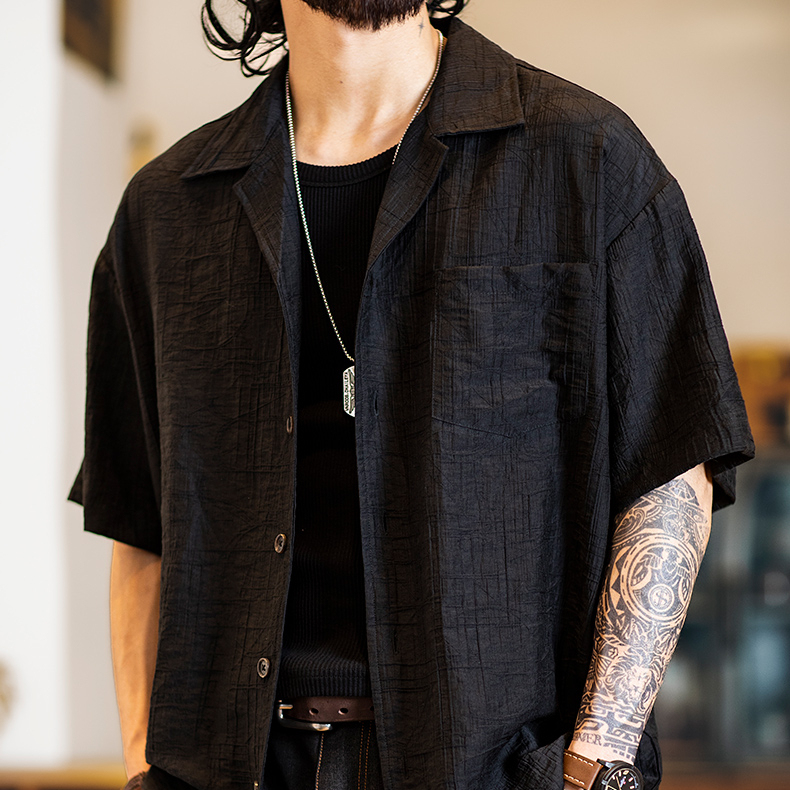 美式古巴領提花短袖襯衫男款夏季2025新款復古萊賽爾天絲t恤男夏