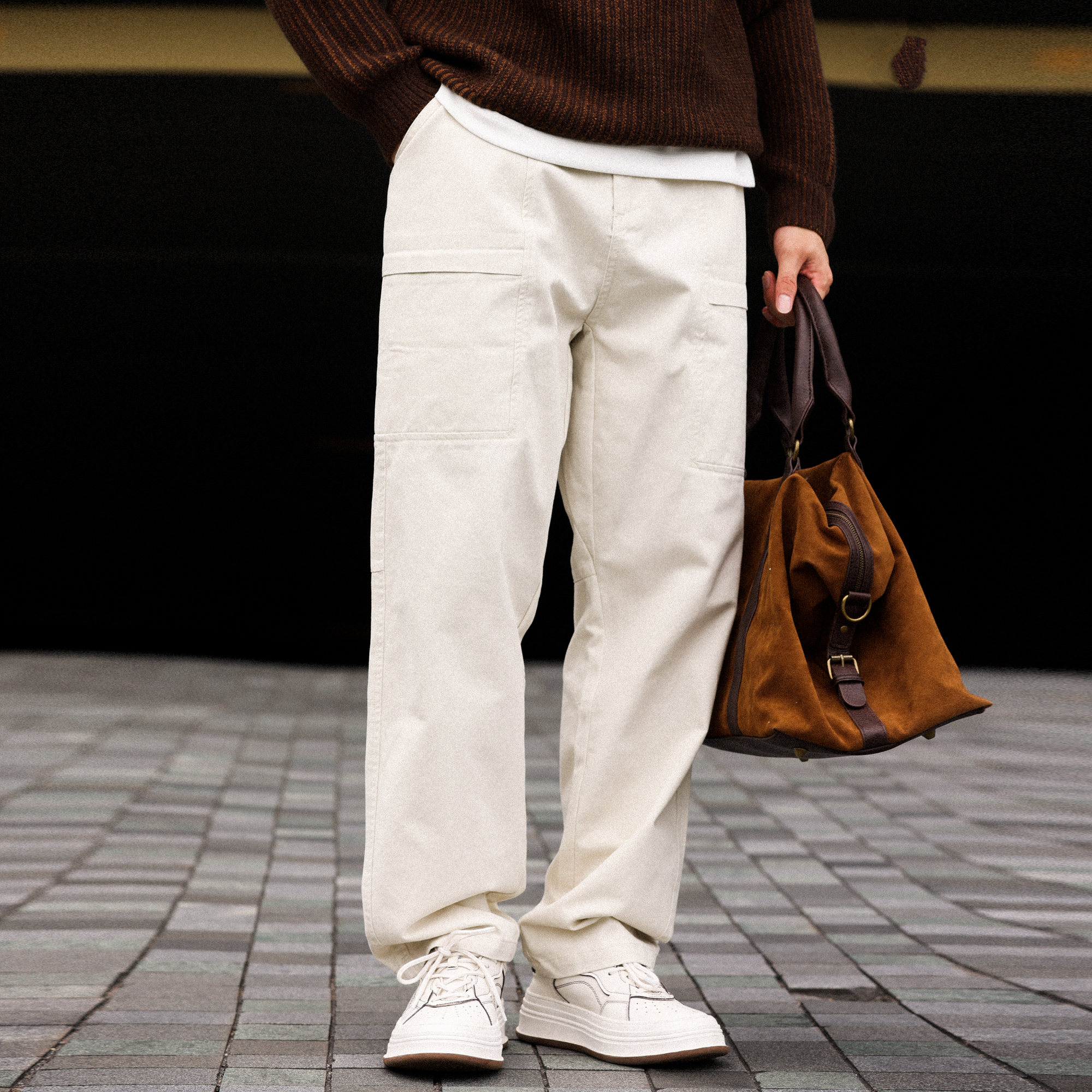 美式復古白色休閒褲男精梳棉半鬆緊腰直筒休閒工裝長褲