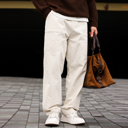 美式復古白色休閒褲男精梳棉半鬆緊腰直筒休閒工裝長褲