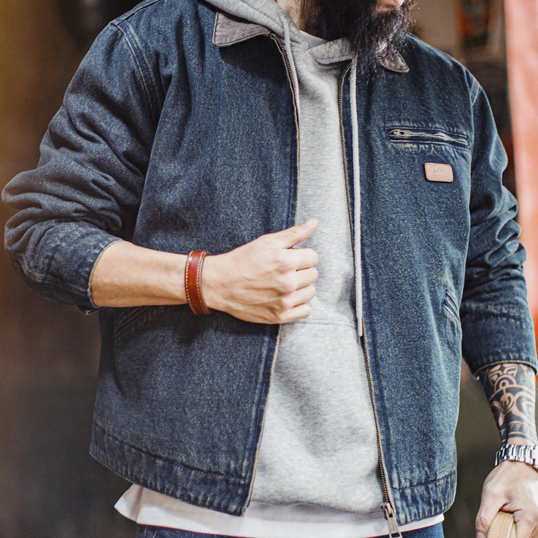 美式復古牛仔底特律夾克水洗做舊短款休閒翻領外套男款春