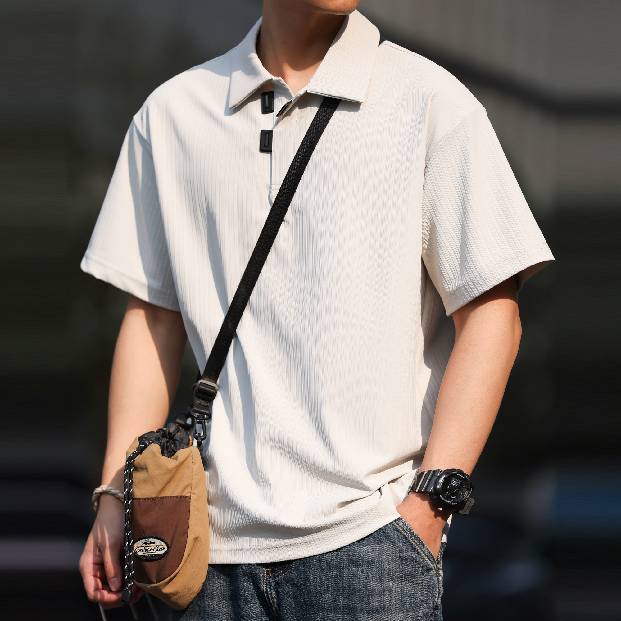 美式休閒凉感速幹POLO衫男寬鬆抗皺豎紋肌理翻領短袖T恤