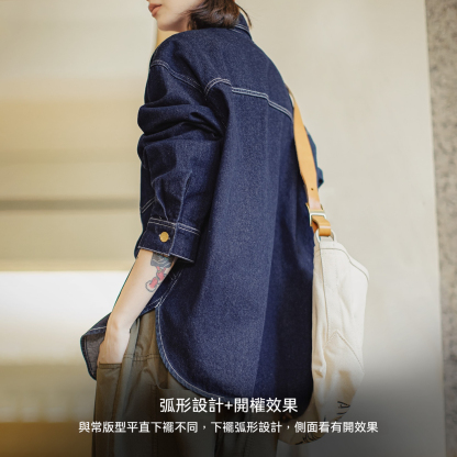 美式復古翻領丹寧牛仔襯衣夾克寬鬆長袖襯衫外套上衣女士秋季