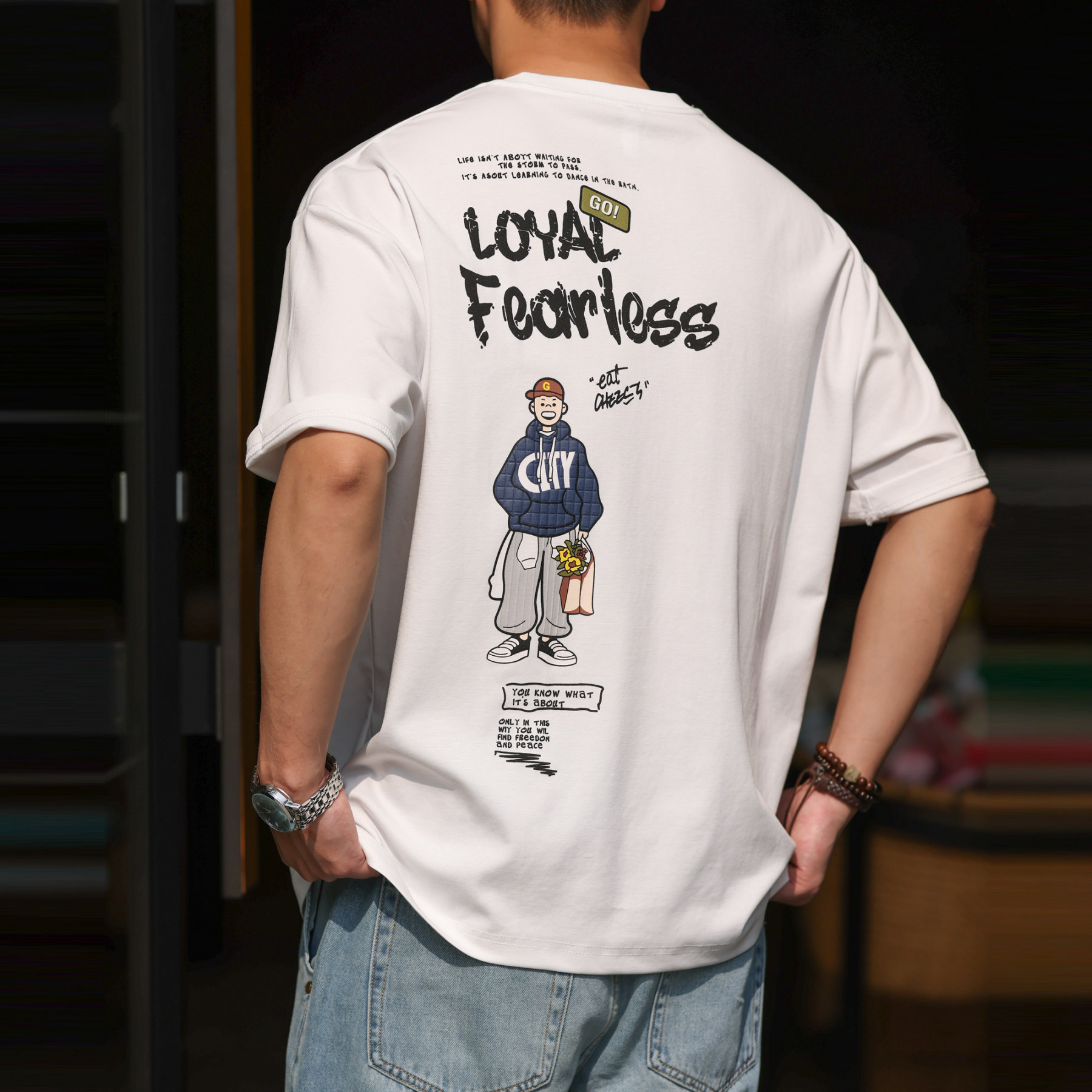 美式休閒精工膠印短袖T恤男士210g卡通趣味圓領打底衫