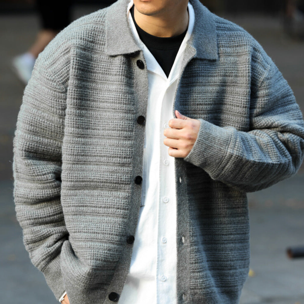 美式慵懶風翻領開衫毛衣男重工肌理加厚保暖外穿針織外套冬-Retro's Wear