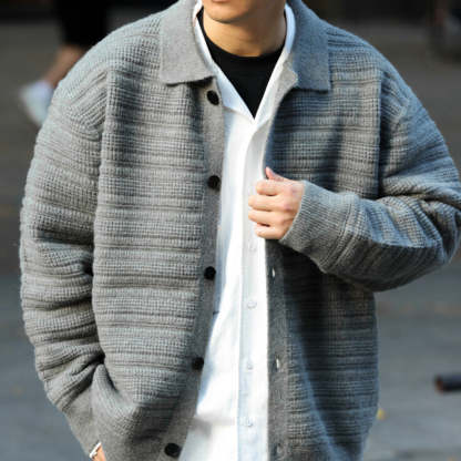 美式慵懶風翻領開衫毛衣男重工肌理加厚保暖外穿針織外套冬-Retro's Wear