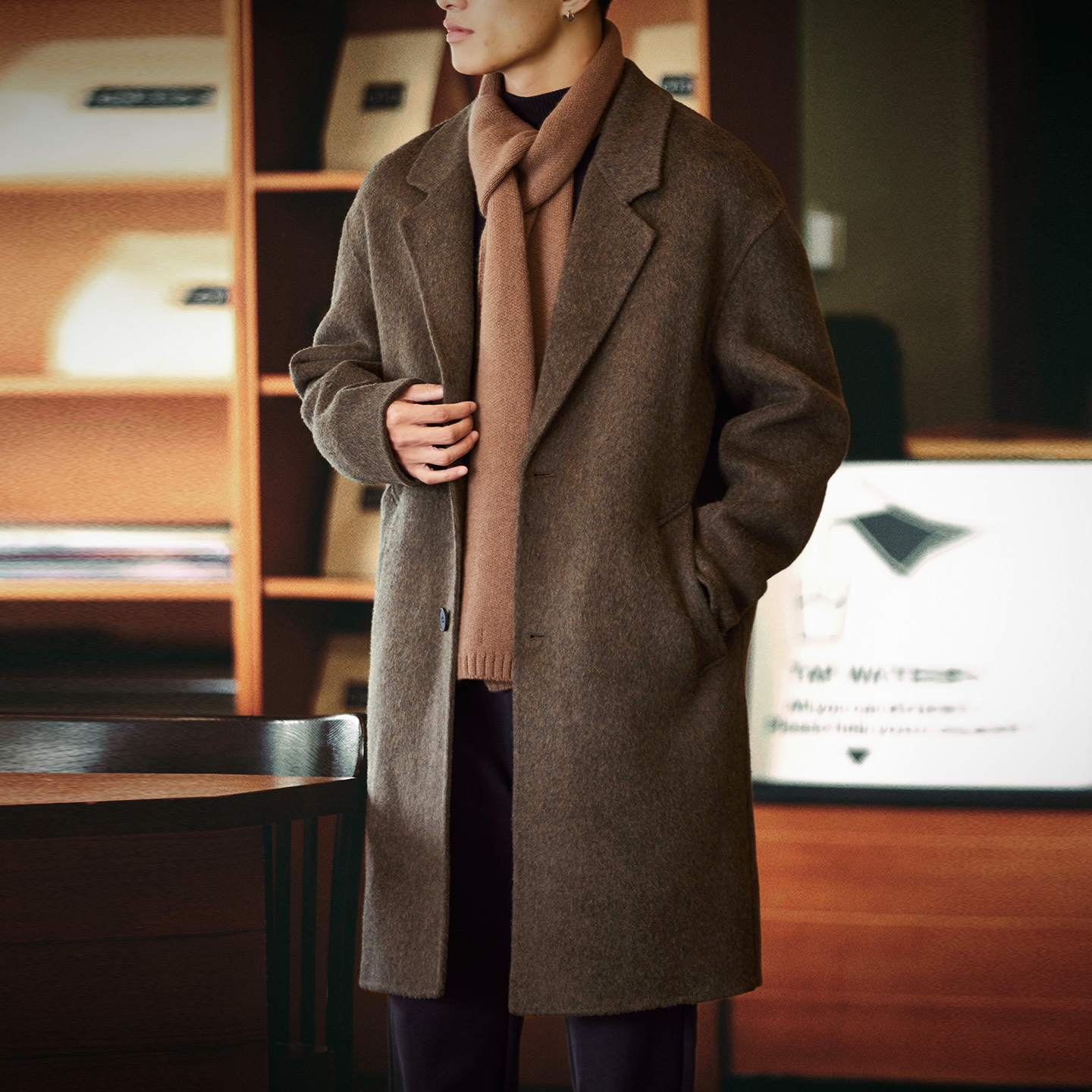 雙面羊絨平駁領毛呢大衣男士2025冬季新款通勤保暖中長款羊毛外套