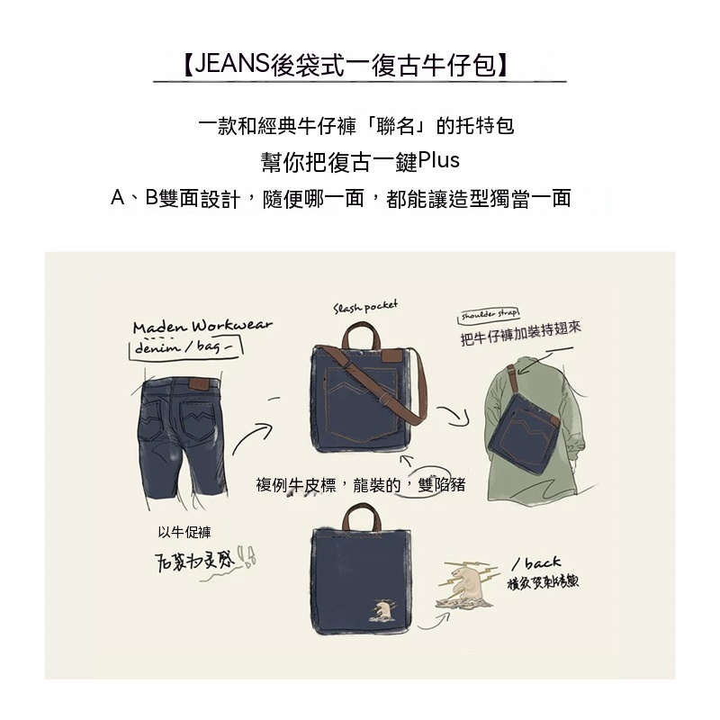 美式復古牛仔單肩斜挎包丹寧刺繡大容量手提平板托特包-Retro's Wear