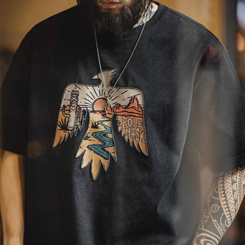 美式復古印第安雷鳥T恤棉重磅民族風刺繡印花短袖男夏季