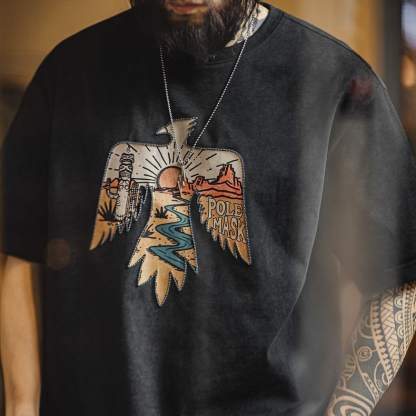 美式復古印第安雷鳥T恤棉重磅民族風刺繡印花短袖男夏季