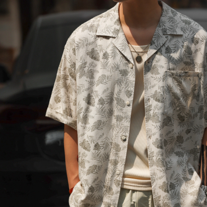 美式休閒古巴領亞麻短袖襯衫男夏季復古度假風半袖襯衣