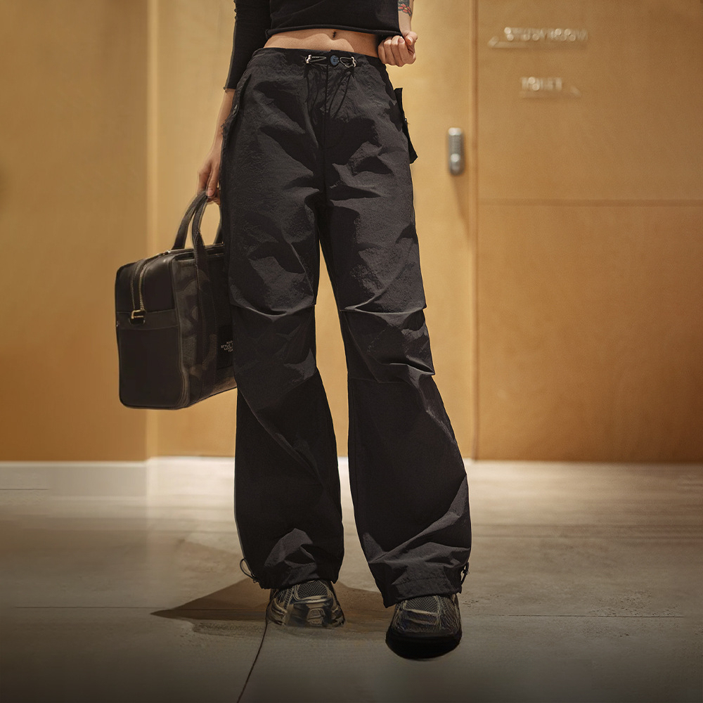 美式褶皺高街工裝vibe風傘兵褲闊腿抽繩束脚舞蹈長褲春夏女