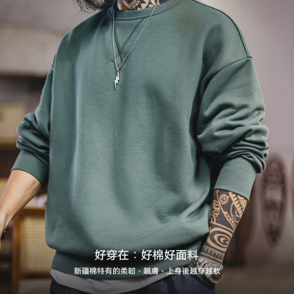 美式新疆棉衛衣紫色圓領套頭無帽外穿寬鬆長袖外套男款春