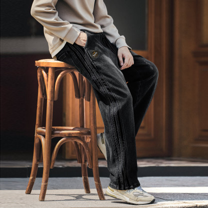 美式復古三條杠燈芯絨拼接牛仔褲男秋冬款休閒寬鬆直筒長褲