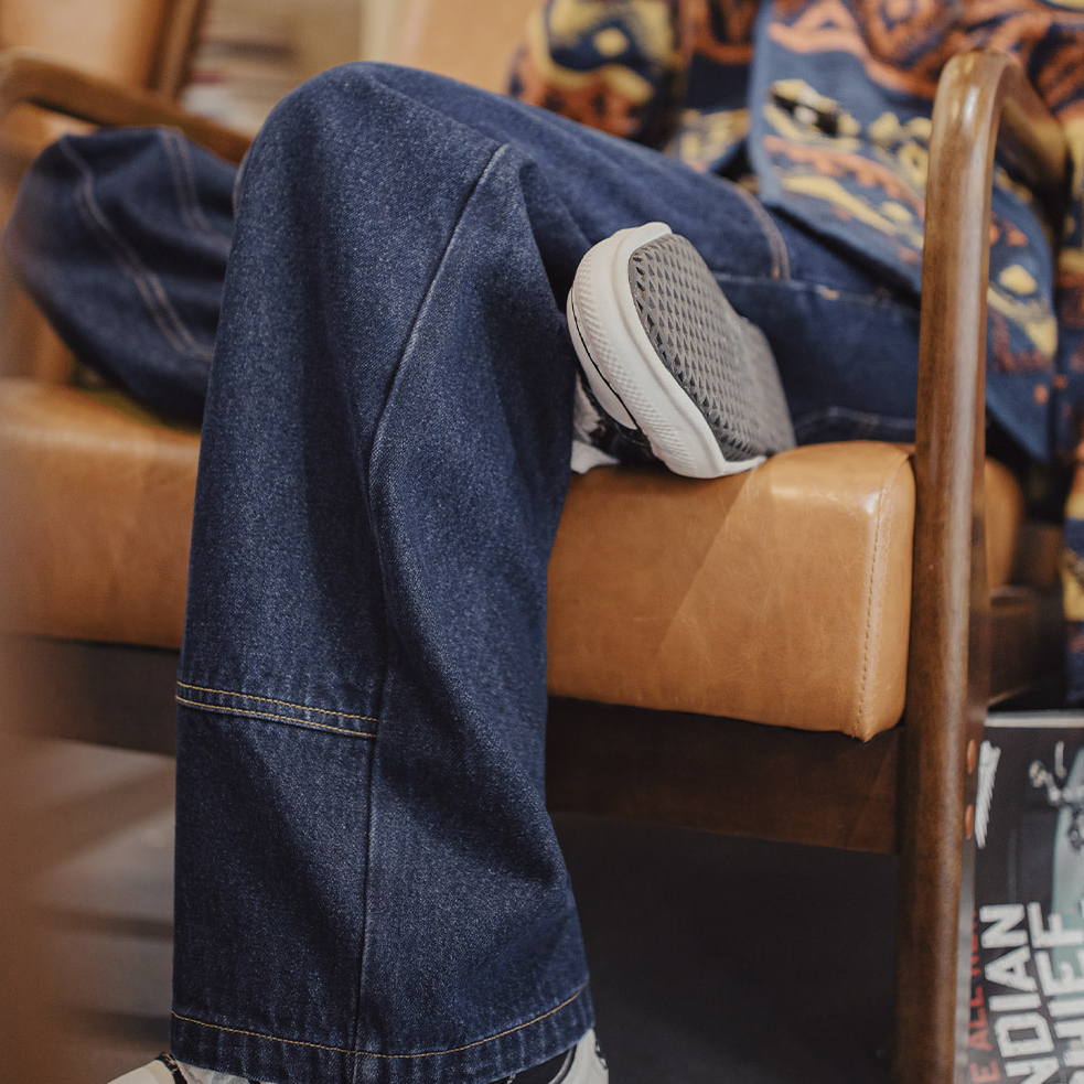 復古水洗丹寧藍原色微寬鬆拼接雙膝小直筒工裝牛仔褲子女士秋