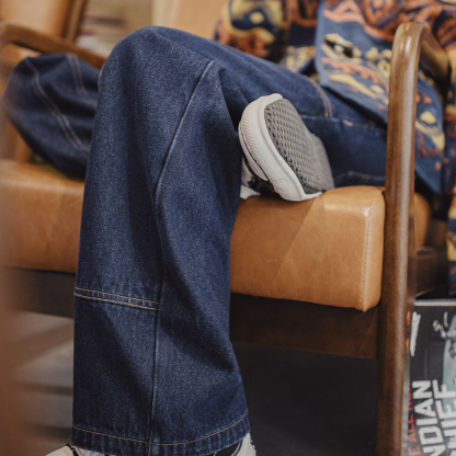 復古水洗丹寧藍原色微寬鬆拼接雙膝小直筒工裝牛仔褲子女士秋