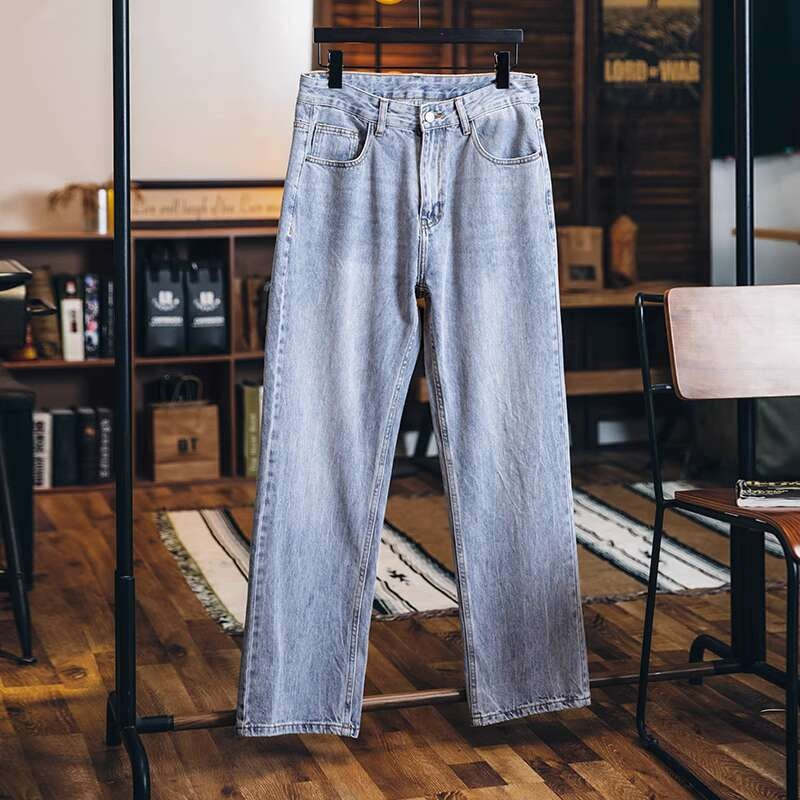 美式淺藍色復古牛仔褲男士春夏2025新款純棉水洗寬鬆直筒褲子男