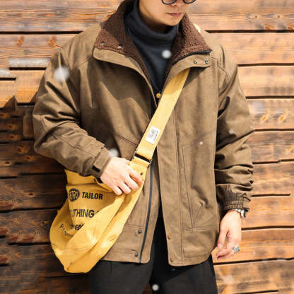 美式復古加棉羊羔絨夾克外套男麂皮絨拼接立領高級感棉服