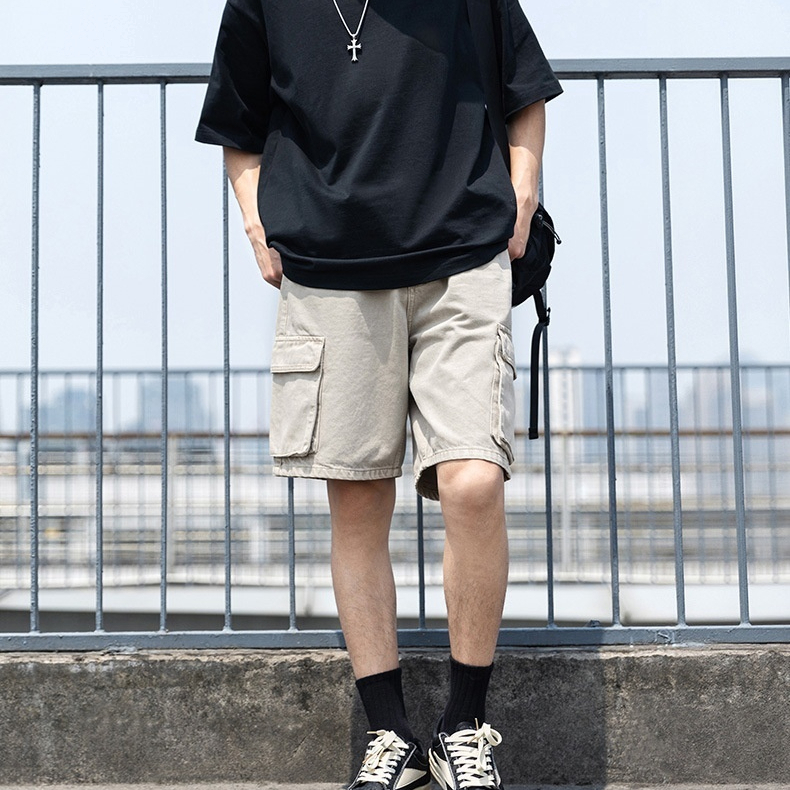MRA多口袋工裝褲直筒短褲水洗做舊重磅寬鬆純棉五分褲男夏