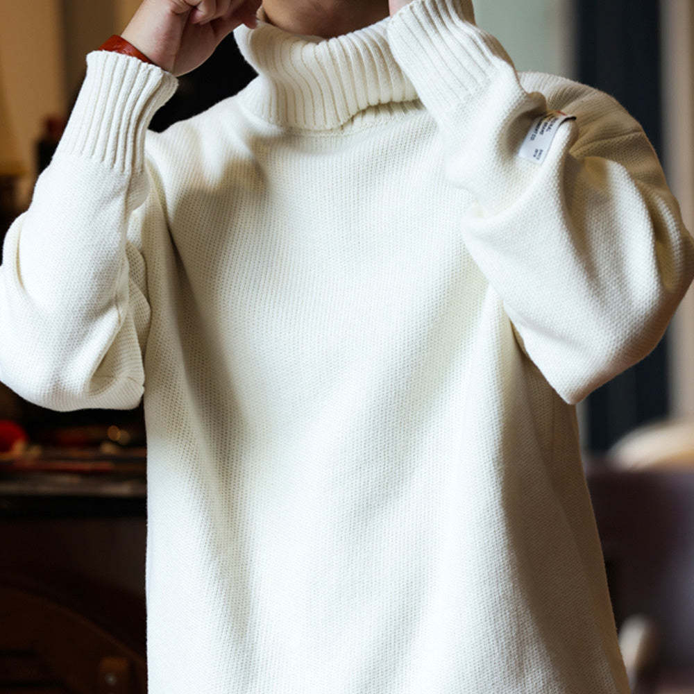 秋冬美式可翻高領針織毛衣男復古寬鬆粗針線內搭打底上衣-Retro's Wear