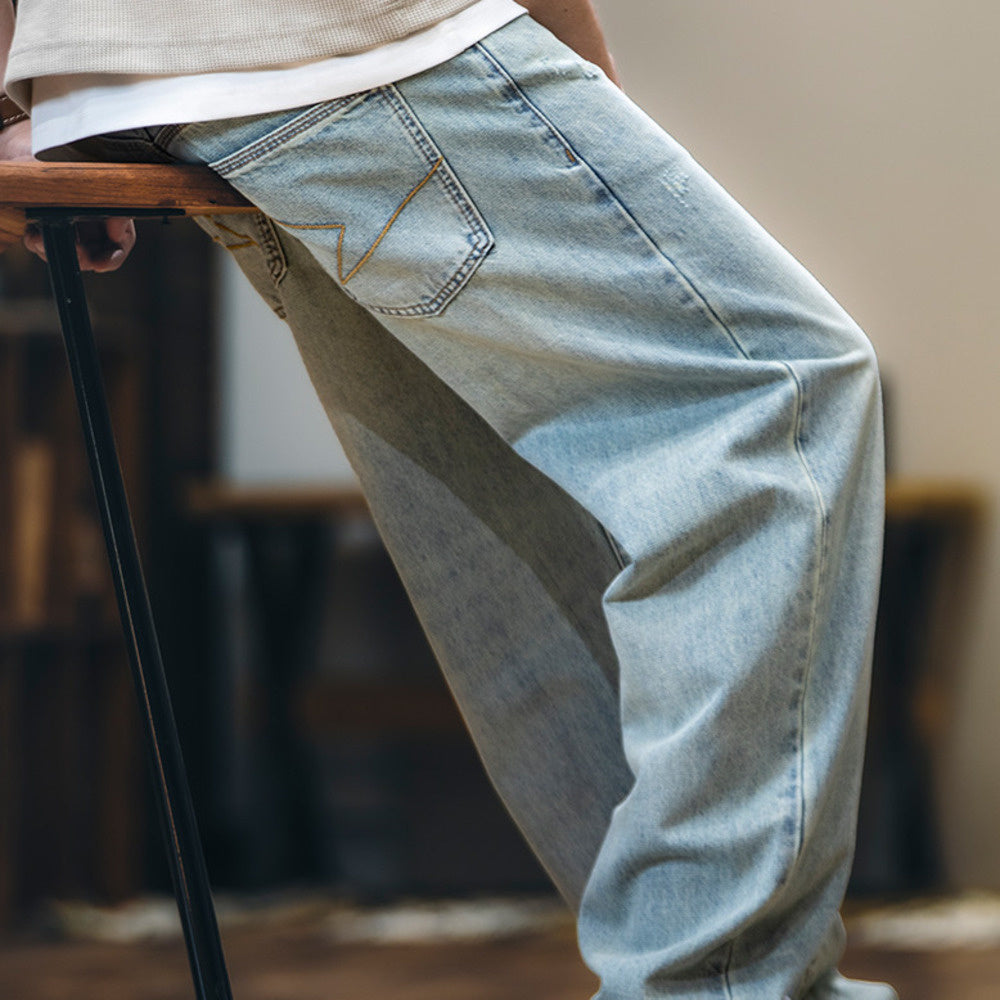 萊賽爾美式直筒牛仔褲男春夏2025新款復古水洗淺藍色男士寬鬆褲子