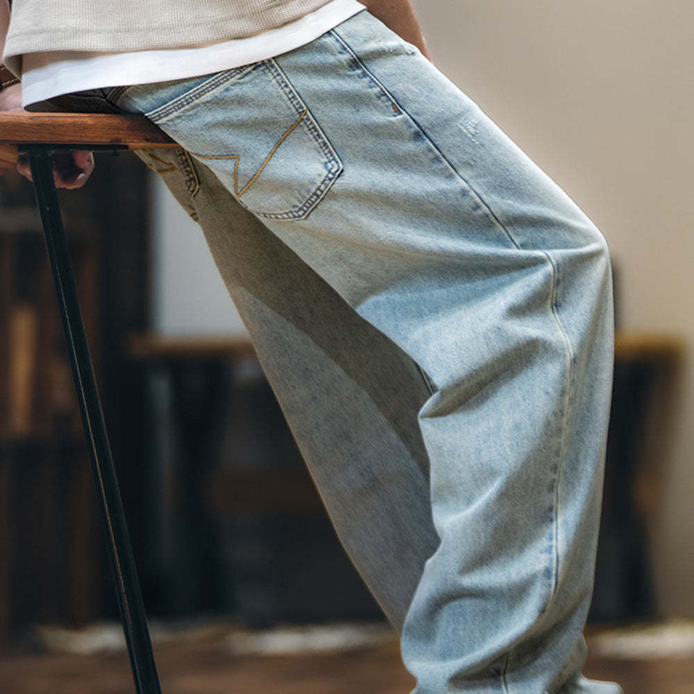 萊賽爾美式直筒牛仔褲男春夏2025新款復古水洗淺藍色男士寬鬆褲子