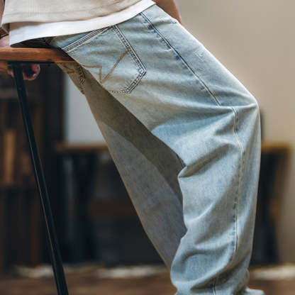 萊賽爾美式直筒牛仔褲男春夏2025新款復古水洗淺藍色男士寬鬆褲子