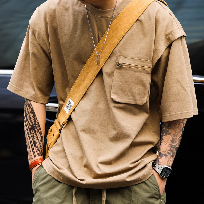 山系戶外工裝口袋短袖T恤男士寬鬆圓領原創設計半袖運動TEE