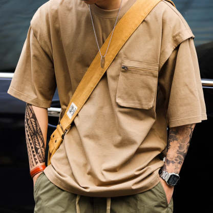 山系戶外工裝口袋短袖T恤男士寬鬆圓領原創設計半袖運動TEE