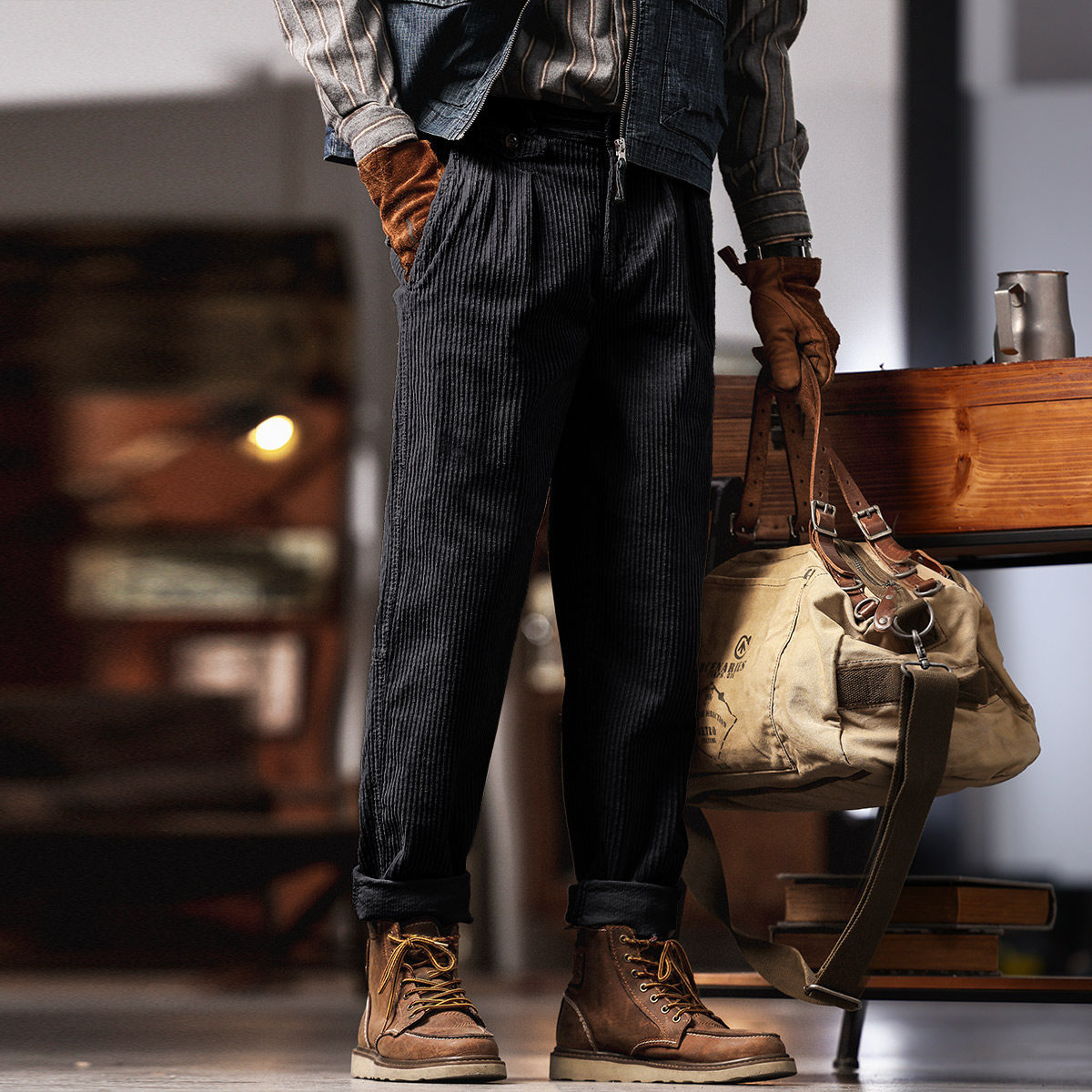 美式復古重磅燈芯絨休閒褲男秋季潮牌寬鬆直筒工裝休閒褲子