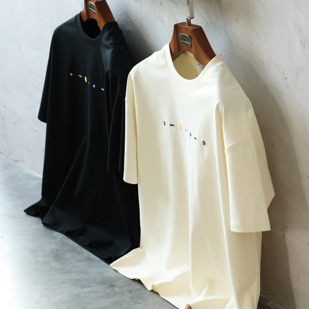 美式休閒刺繡短袖T恤男寬鬆簡約圓領親膚落肩袖打底TEE