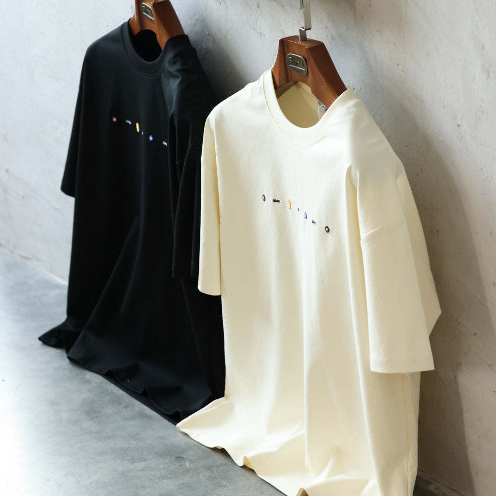 美式休閒刺繡短袖T恤男寬鬆簡約圓領親膚落肩袖打底TEE