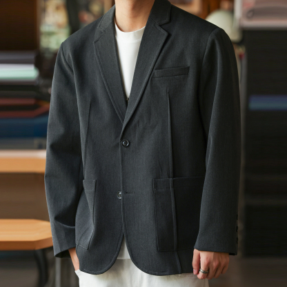 鬆弛感休閒西裝外套男高級老錢風平駁領墊肩單排扣西服