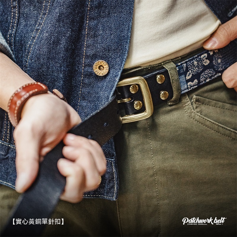 古布印花百家布植鞣皮帶boro風頭層牛皮針扣復古腰帶男-Retro's Wear