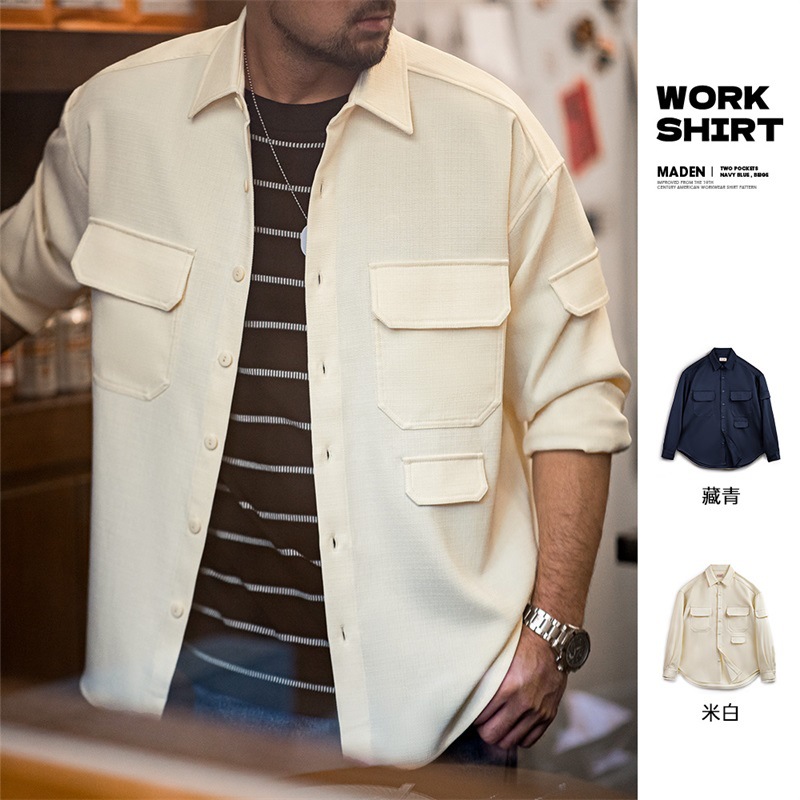 美式休閒廓形抗皺免燙長袖襯衫寬鬆翻領口袋襯衣外套男秋-Retro's Wear