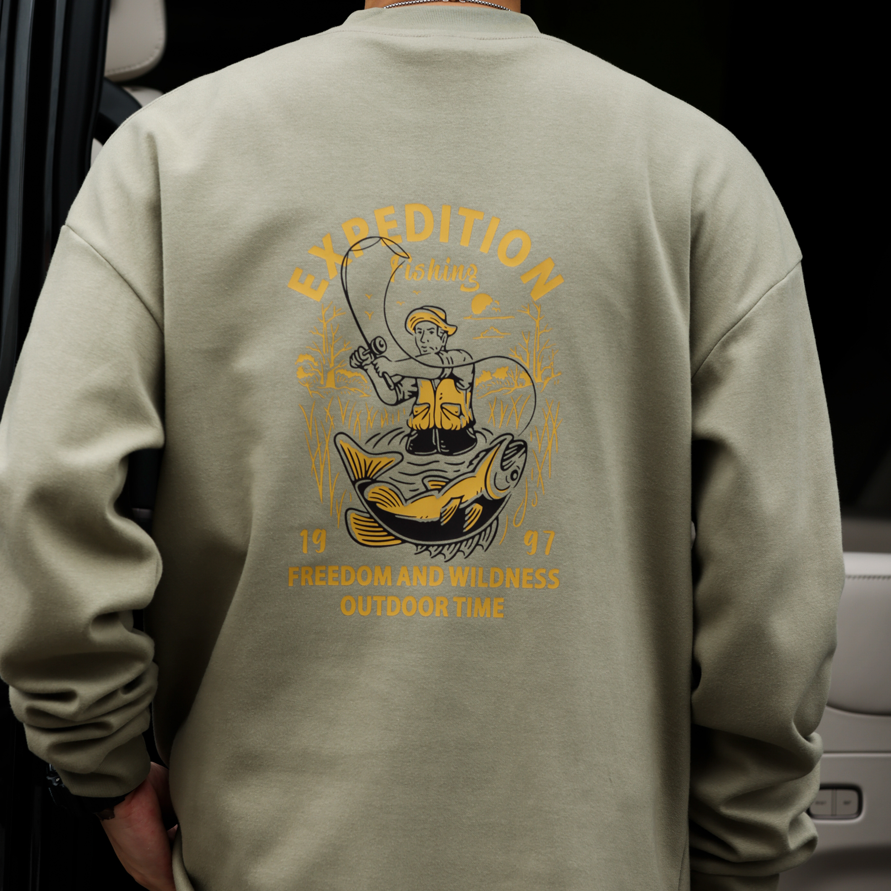 美式復古300g重磅長袖T恤男小領口釣魚印花灰綠色打底衫