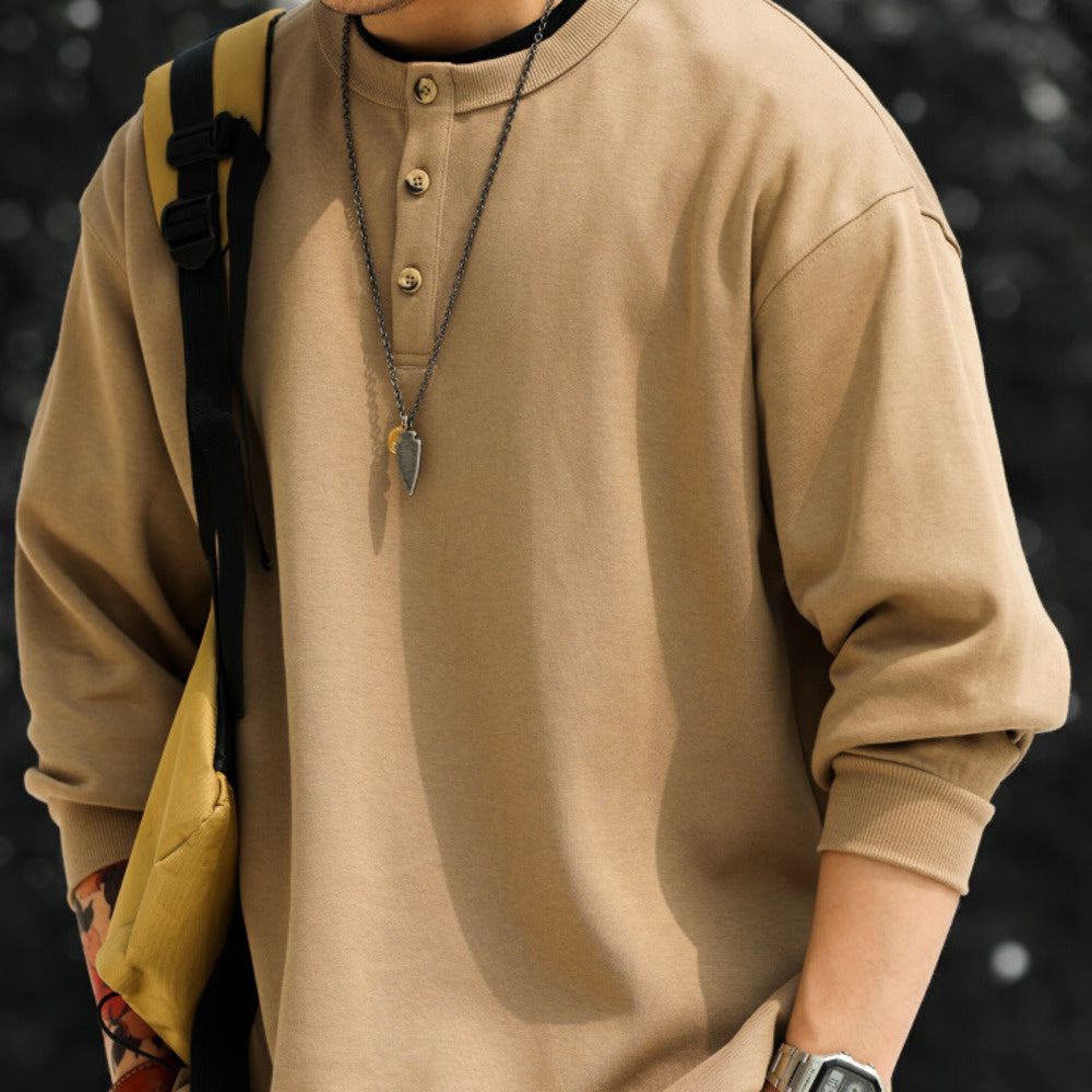 美式休閒320g重磅長袖亨利衫男寬鬆復古硬漢套頭打底衛衣TEE-Retro's Wear