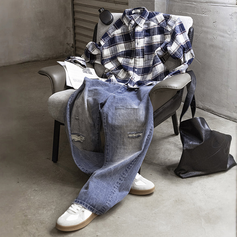 MRA日系撞色藍白條紋長袖襯衫cozyfit鬆弛風大格子外套潮早秋