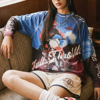 美式復古針織滿印花長袖T恤薄款寬鬆立領套頭外穿上衣女士春