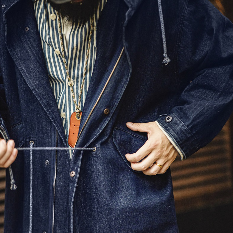 美式復古M51丹寧牛仔魚尾風衣寬鬆中長款連帽外套男秋季-Retro's Wear