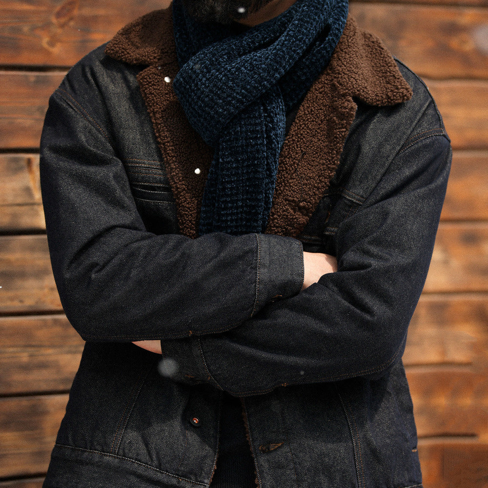 美式復古重磅羊羔絨外套男加絨加厚原色牛仔夾克棉衣冬