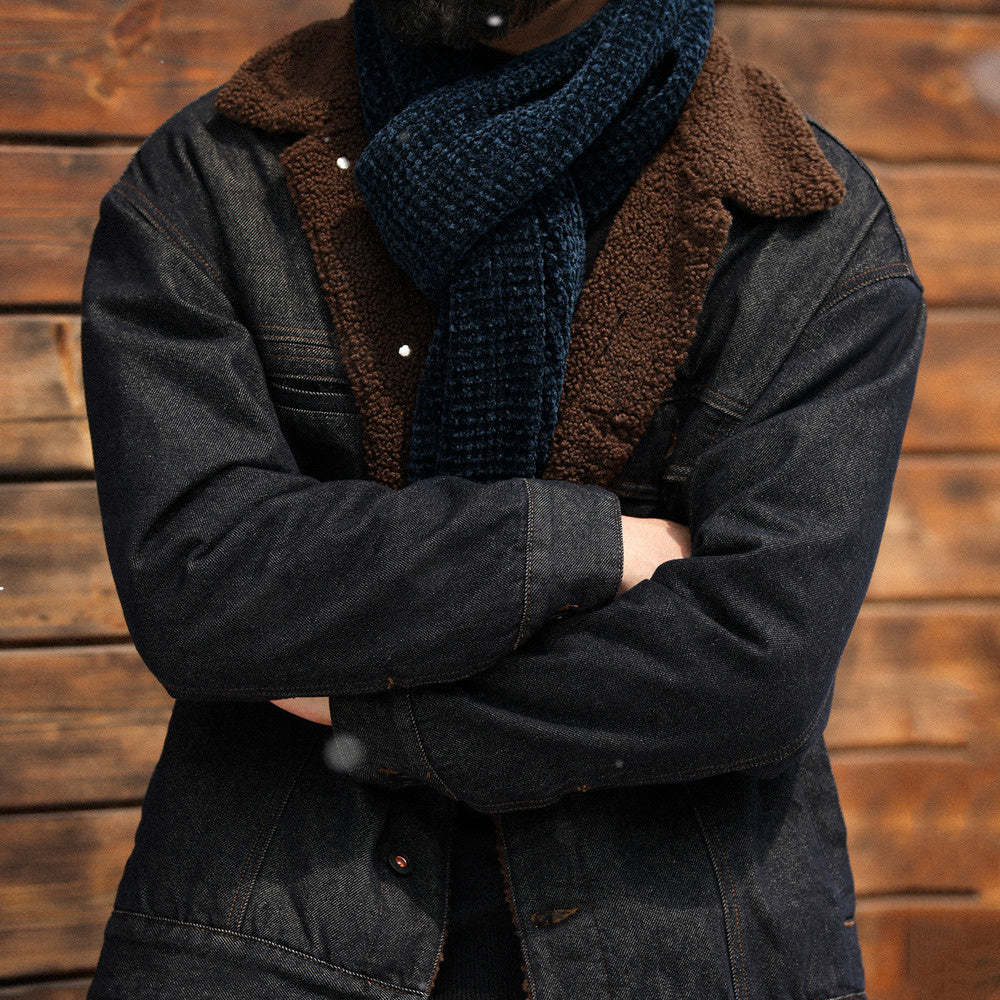 美式復古重磅羊羔絨外套男加絨加厚原色牛仔夾克棉衣冬