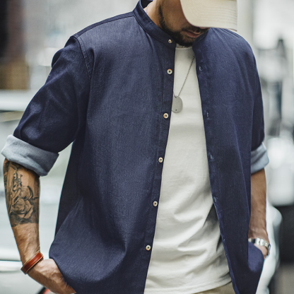 美式復古凉感冰絲牛仔襯衫水洗圓領休閒長袖襯衣外套男秋-Retro's Wear