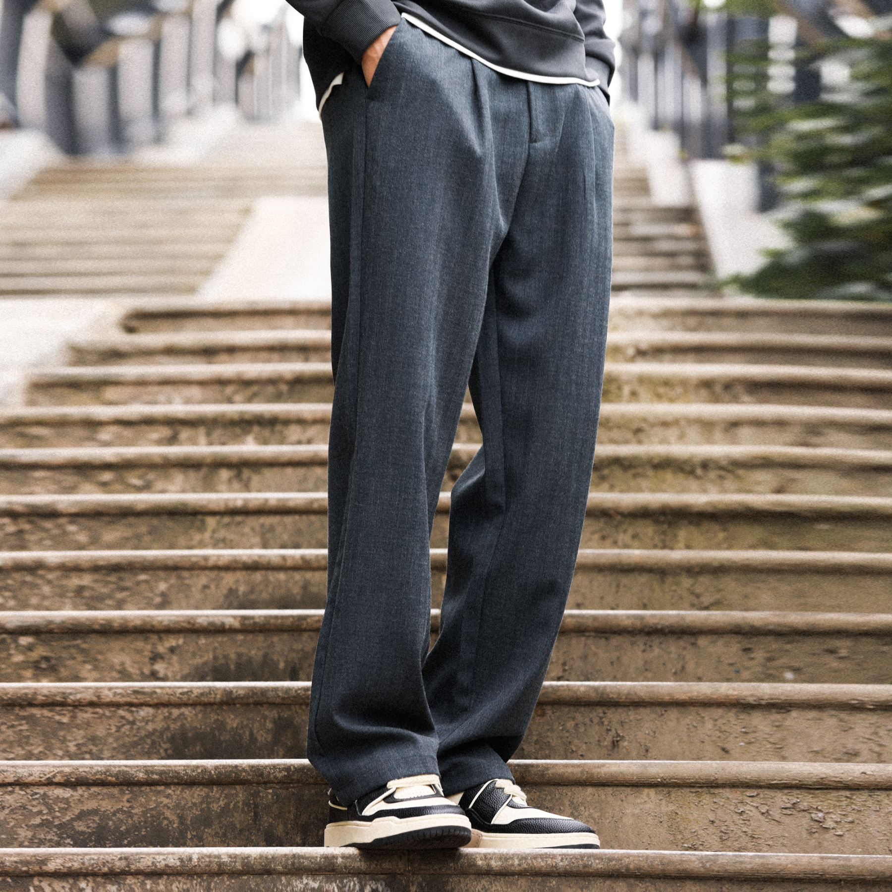 美式280g仿麻直筒西褲男立體打褶抗皺墜感老錢風休閒褲