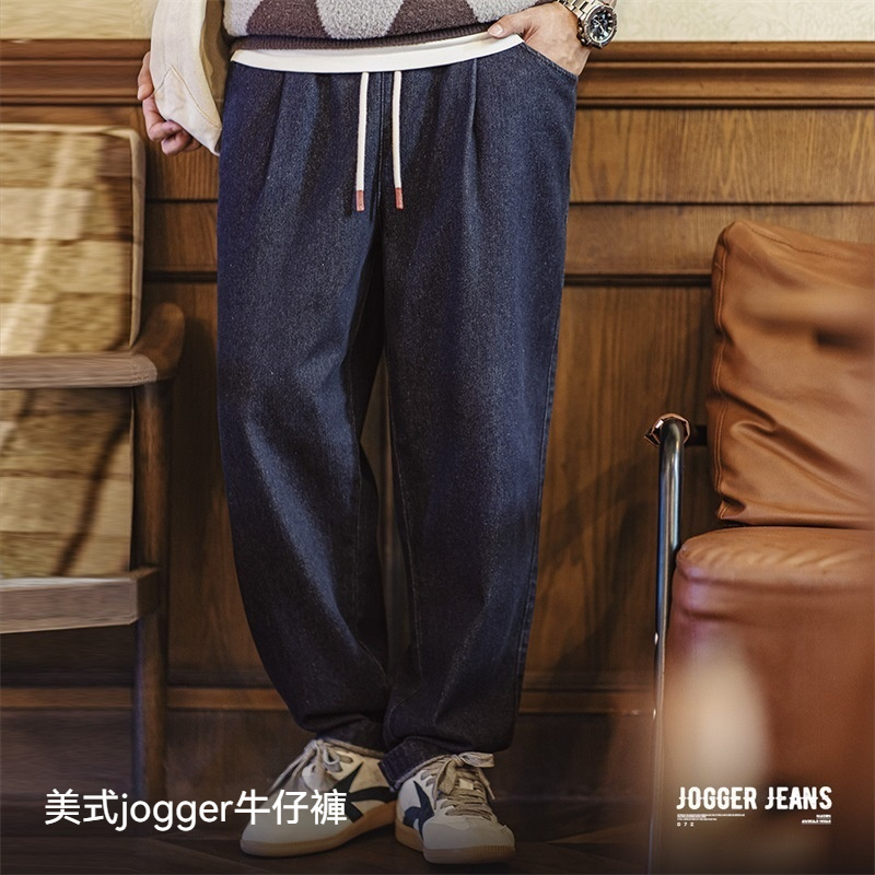 美式休閒Jogger丹寧牛仔褲vibe鬆緊腰抽繩水洗直筒褲男秋-Retro's Wear