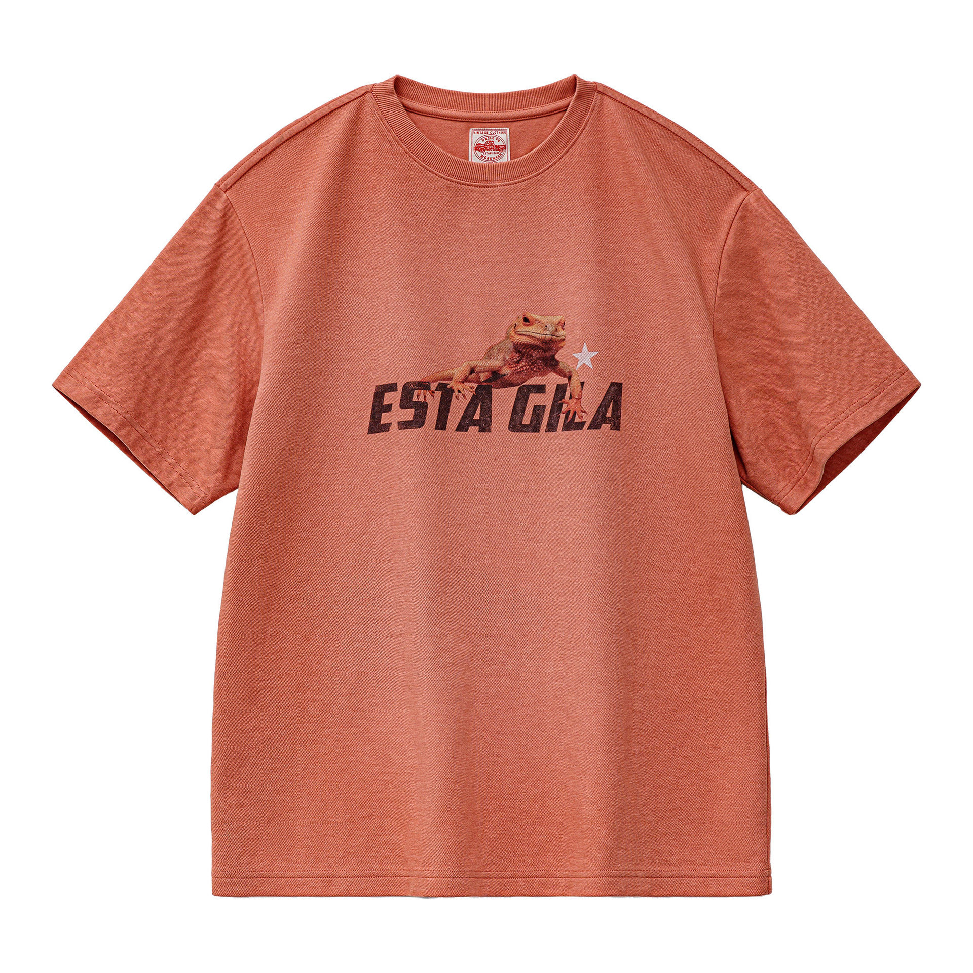 美式复古印花短袖圓領落肩落日橘紅色男款針織T恤夏季