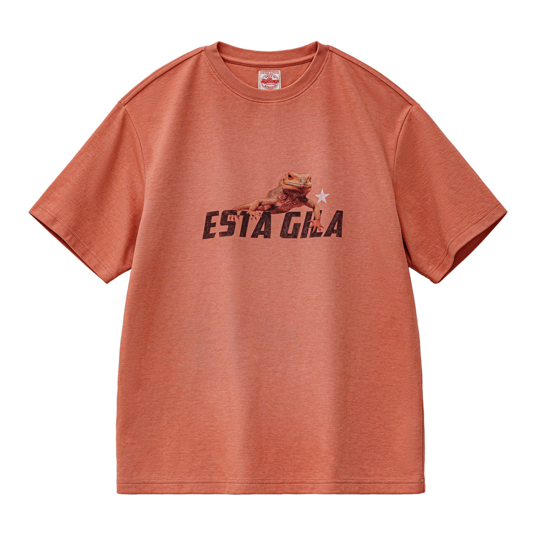 美式复古印花短袖圓領落肩落日橘紅色男款針織T恤夏季