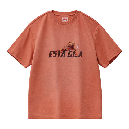 美式复古印花短袖圓領落肩落日橘紅色男款針織T恤夏季