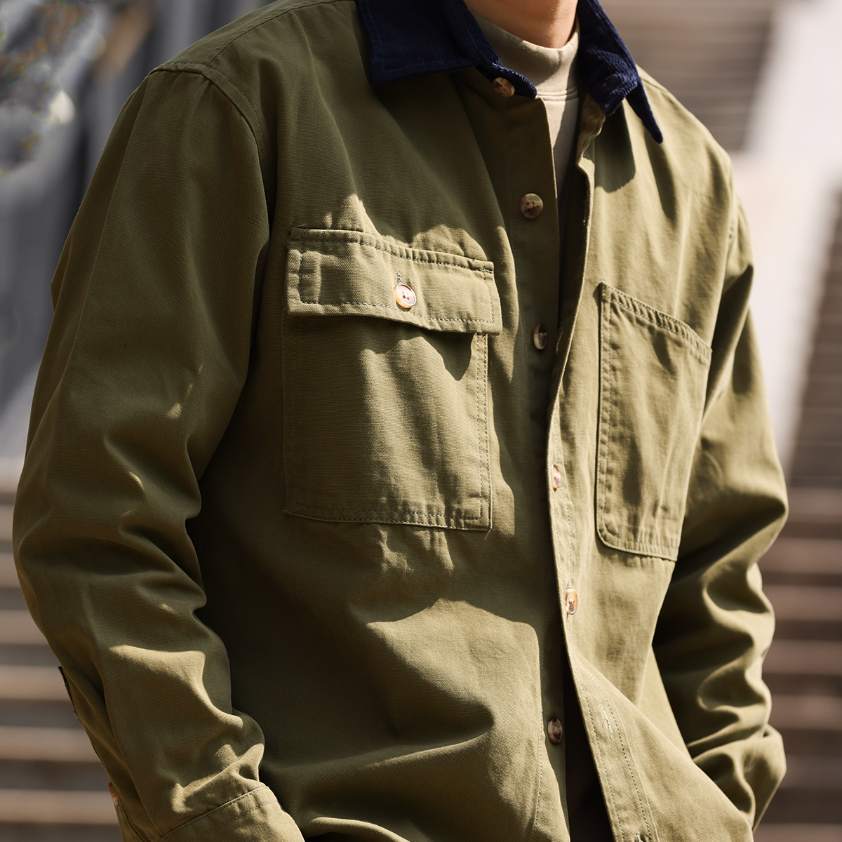 巴恩風復古工裝襯衫男撞色燈芯絨領口痞帥長袖襯衣外套