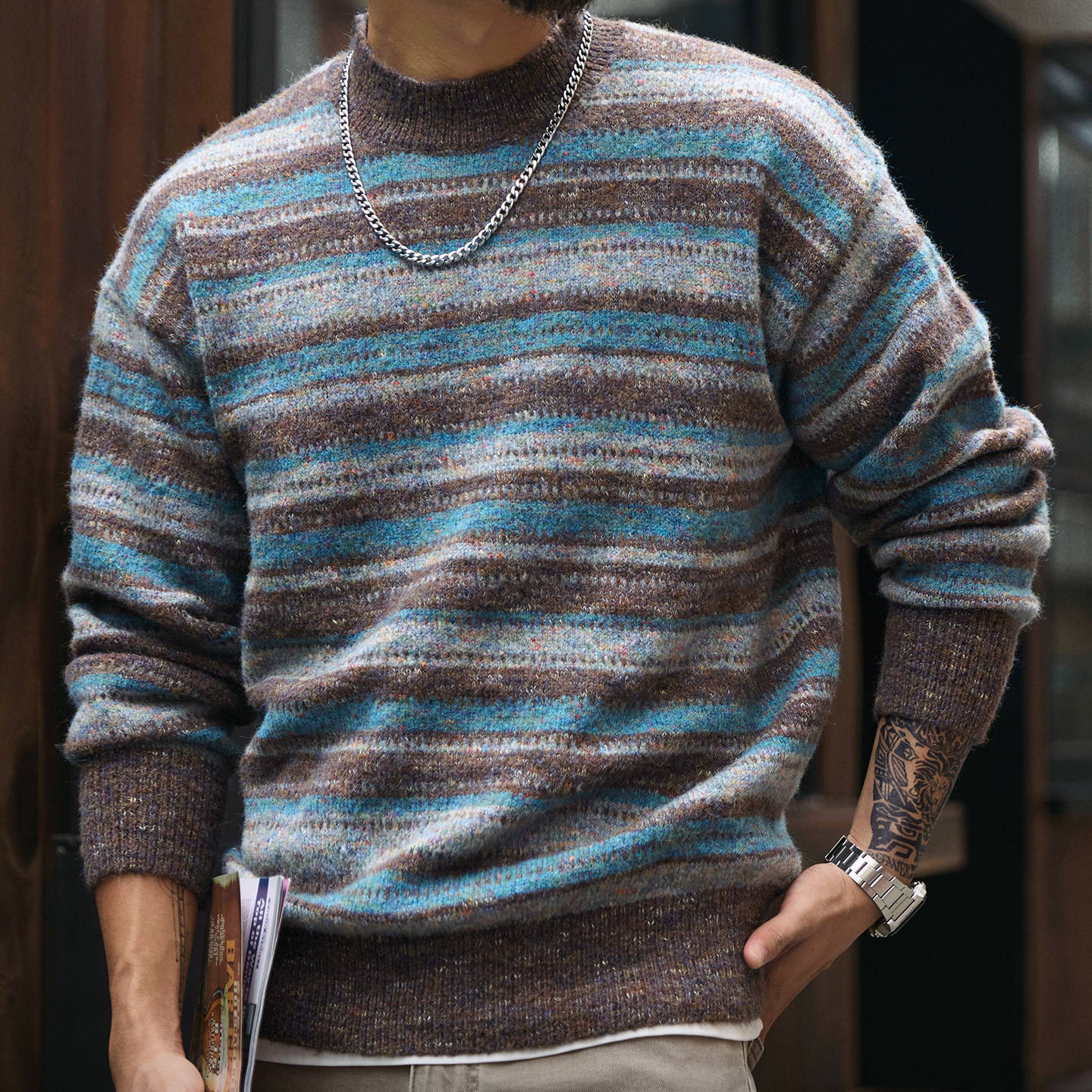 慵懶風撞色條紋圓領毛衣男2025冬季新款寬鬆復古加厚保暖針織衫